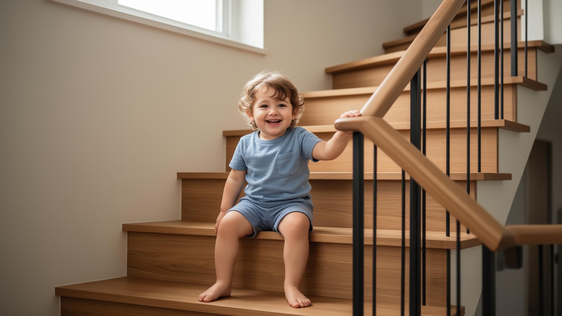 Smiling child sitting on a beautifully renovated wooden staircase