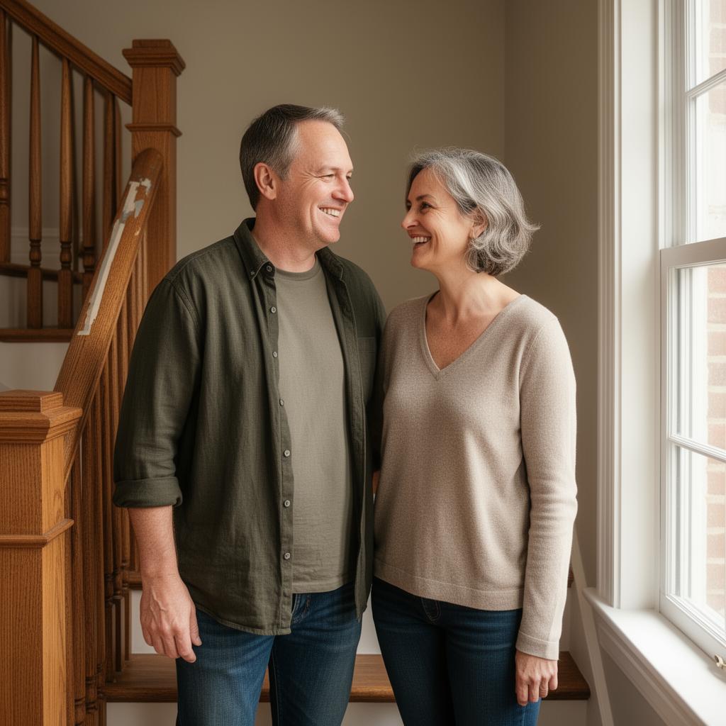 Happy homeowners enjoying their newly renovated staircase