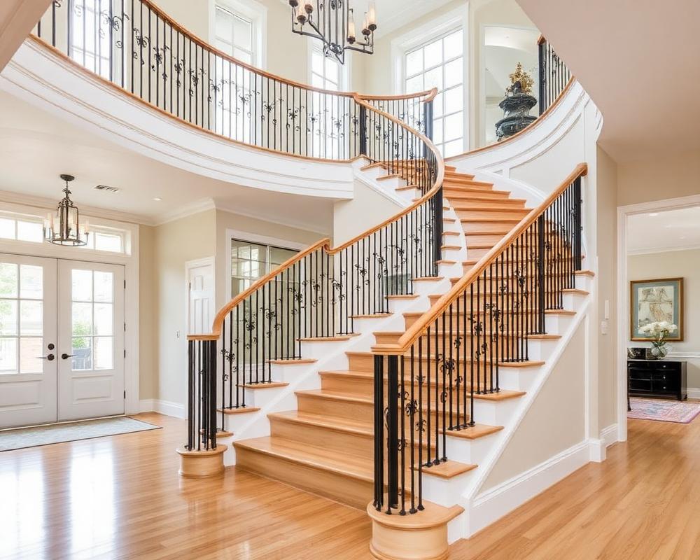 Grand Curved Entry — White Oak, Iron Balusters staircase in Mississauga, ON